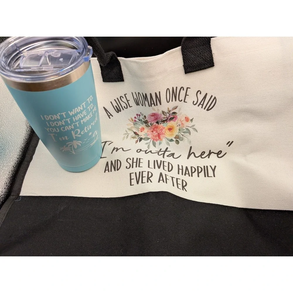Women Retirement Gift Set Insulated 20oz Tumbler & Zippered Canvas Tote Bag Blue